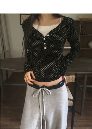 Soya Dot Half Button V-Neck Long Sleeve T-Shirt