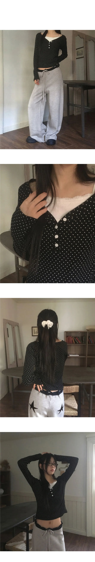 Soya Dot Half Button V-Neck Long Sleeve T-Shirt