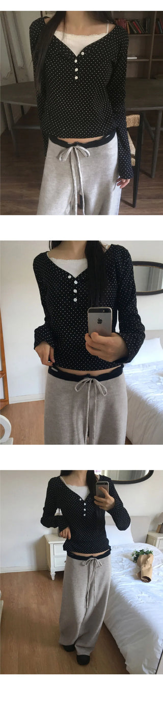 Soya Dot Half Button V-Neck Long Sleeve T-Shirt