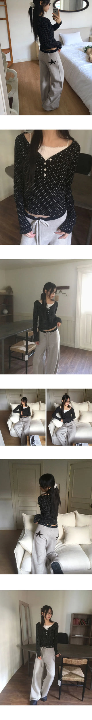 Soya Dot Half Button V-Neck Long Sleeve T-Shirt