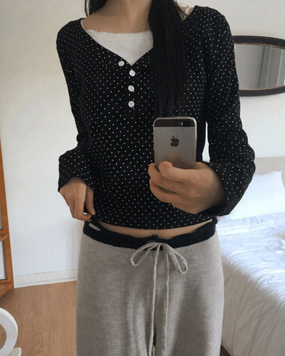 Soya Dot Half Button V-Neck Long Sleeve T-Shirt
