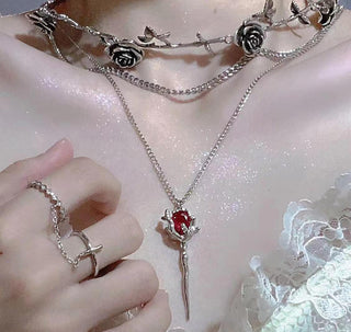 dark vampire bloody rose double chain necklace
