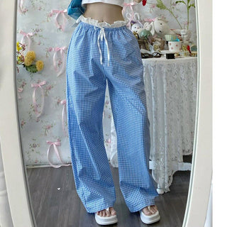 Lace stitching loose straight pants