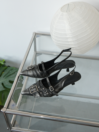 silver buckle mules