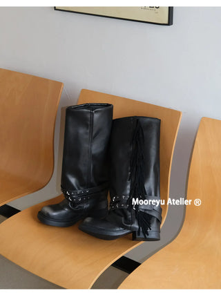 distressed tassel boots