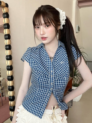 plaid embroidery Top