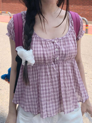 plaid puff Top