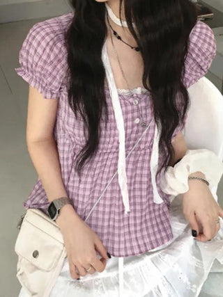 plaid puff Top