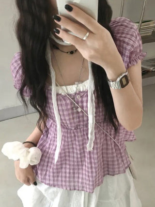plaid puff Top