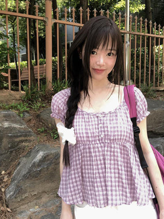 plaid puff Top