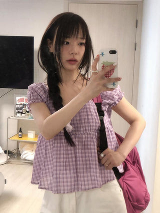 plaid puff Top