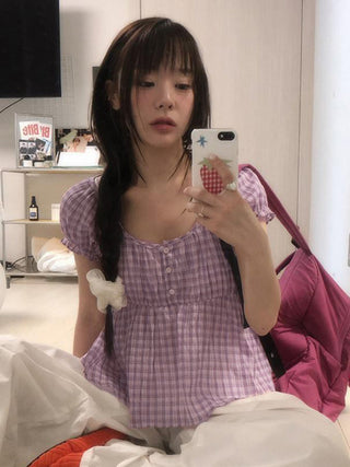 plaid puff Top