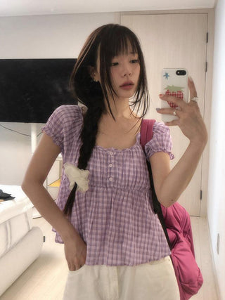 plaid puff Top