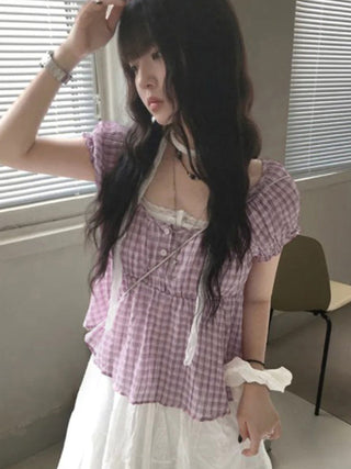 plaid puff Top