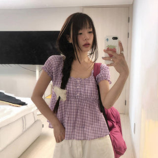 plaid puff Top