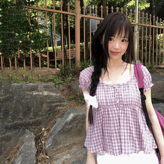 plaid puff Top