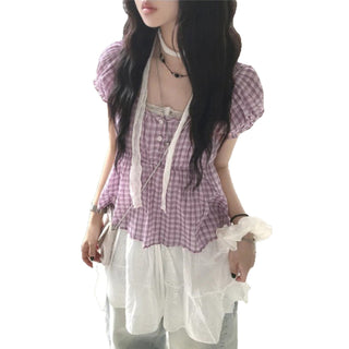 plaid puff Top