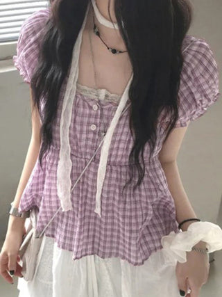 plaid puff Top