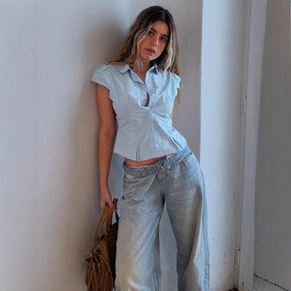 pleated V-neck