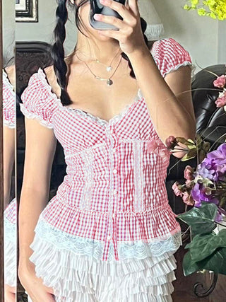 plaid puff top