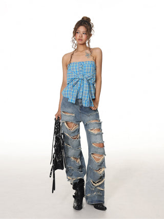 Plaid Lace-Up Tube Top