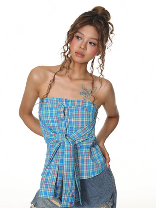 Plaid Lace-Up Tube Top