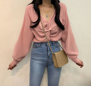Twist V-Neck Lantern Sleeve