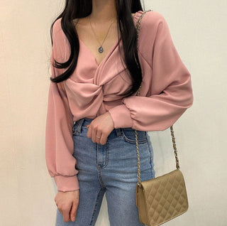 Twist V-Neck Lantern Sleeve
