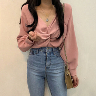 Twist V-Neck Lantern Sleeve
