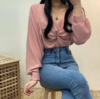 Twist V-Neck Lantern Sleeve