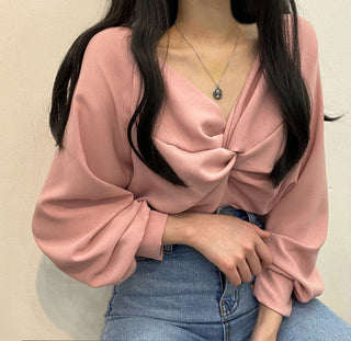 Twist V-Neck Lantern Sleeve