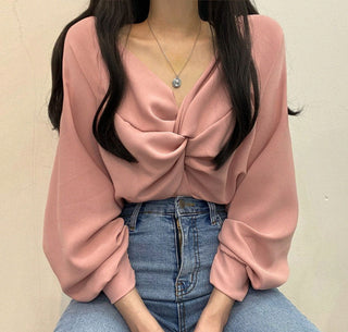 Twist V-Neck Lantern Sleeve