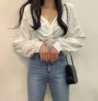 Twist V-Neck Lantern Sleeve