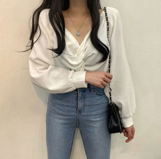 Twist V-Neck Lantern Sleeve