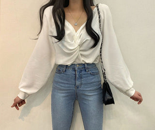 Twist V-Neck Lantern Sleeve