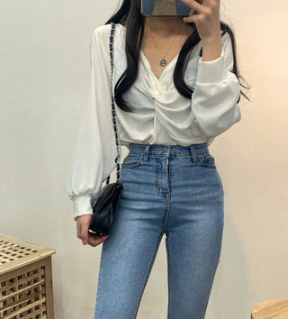 Twist V-Neck Lantern Sleeve