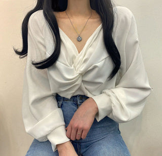 Twist V-Neck Lantern Sleeve