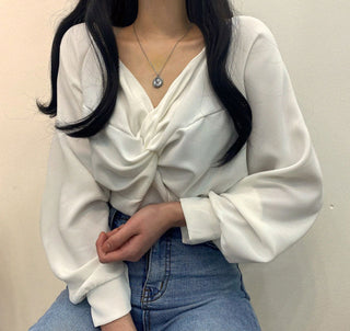 Twist V-Neck Lantern Sleeve