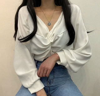 Twist V-Neck Lantern Sleeve