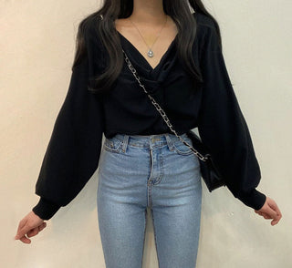 Twist V-Neck Lantern Sleeve