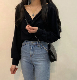 Twist V-Neck Lantern Sleeve