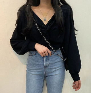 Twist V-Neck Lantern Sleeve