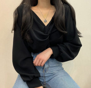 Twist V-Neck Lantern Sleeve