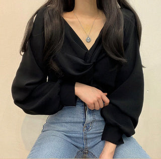Twist V-Neck Lantern Sleeve