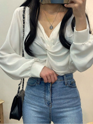 Twist V-Neck Lantern Sleeve