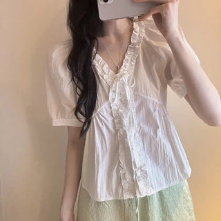 Ruffle V-Neck Lace-Up Shirt