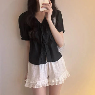 Ruffle V-Neck Lace-Up Shirt