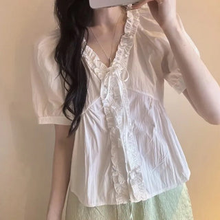Ruffle V-Neck Lace-Up Shirt