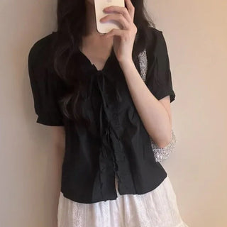 Ruffle V-Neck Lace-Up Shirt
