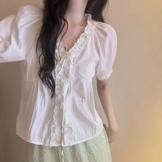 Ruffle V-Neck Lace-Up Shirt